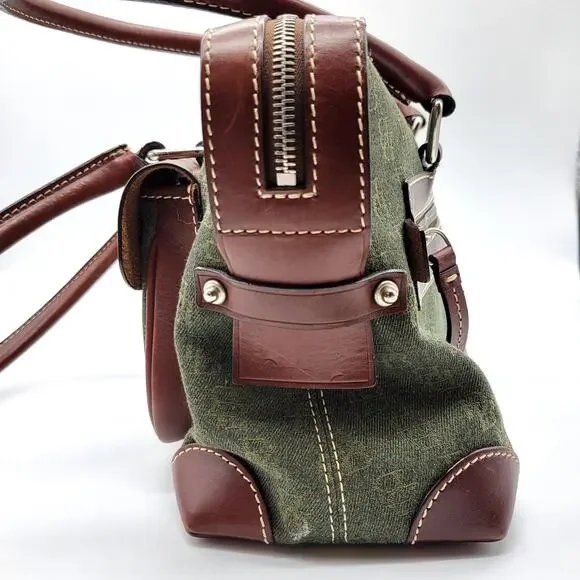 Dooney & Bourke Green Signature Logo Canvas Leather Double Pocket Tote Bag Purse - Picture 5 of 14